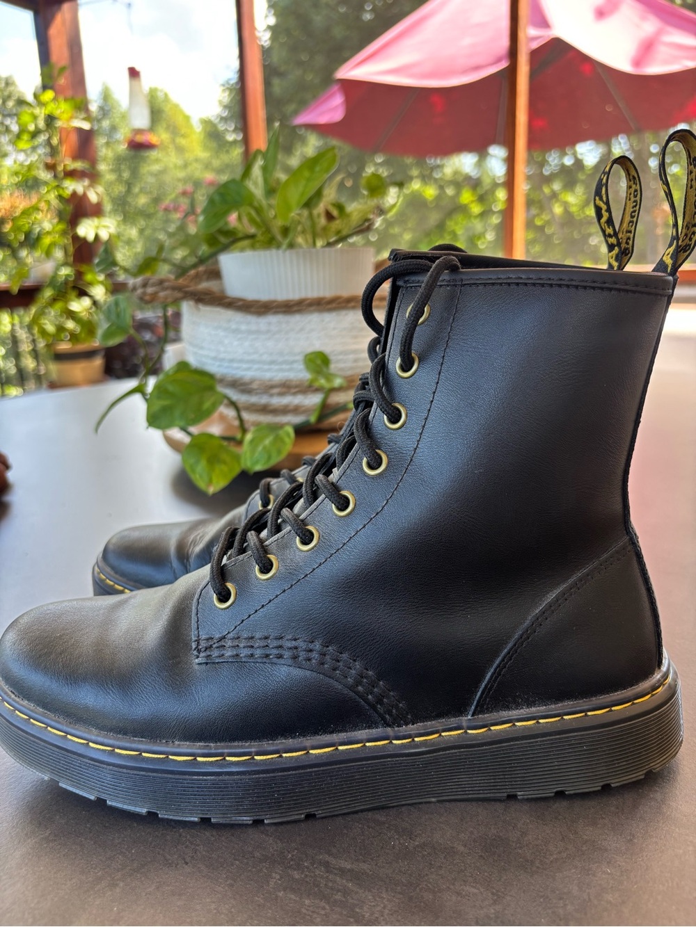 Dr. Martens Black Leather Lace-Up Boots with Yellow Stitching